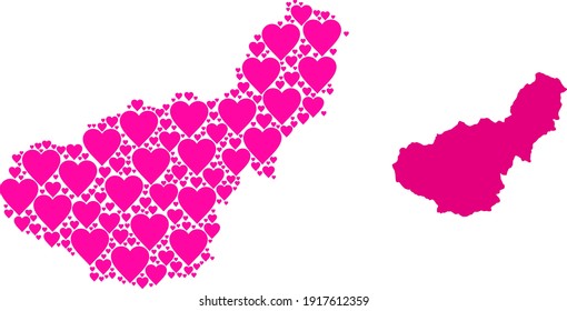 Love mosaic and solid map of Granada Province. Mosaic map of Granada Province designed with pink valentine hearts. Vector flat illustration for love concept illustrations.