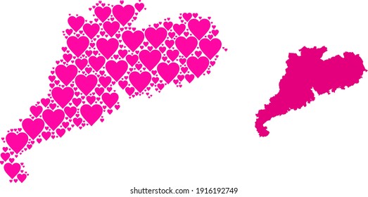 Love mosaic and solid map of Guangdong Province. Collage map of Guangdong Province composed from pink hearts. Vector flat illustration for love concept illustrations.