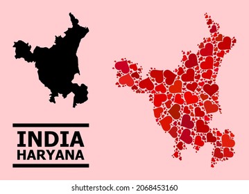 Love mosaic and solid map of Haryana State on a pink background. Mosaic map of Haryana State formed with red love hearts. Vector flat illustration for dating concept illustrations.