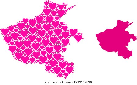 Liebe mosaik und solide Karte der Provinz Henan. Mosaikkarte der Provinz Henan, die aus rosafarbenen, valentinischen Herzen besteht. Vektorflache Illustration für Liebesbilder.