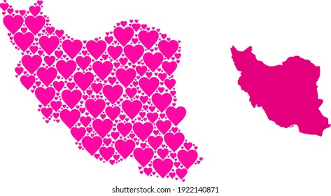 Love mosaic and solid map of Iran. Mosaic map of Iran composed from pink love hearts. Vector flat illustration for marriage concept illustrations.