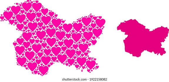 Love mosaic and solid map of Jammu and Kashmir State. Mosaic map of Jammu and Kashmir State formed with pink lovely hearts. Vector flat illustration for love conceptual illustrations.