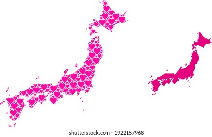 Love mosaic and solid map of Japan. Mosaic map of Japan composed from pink lovely hearts. Vector flat illustration for love concept illustrations.