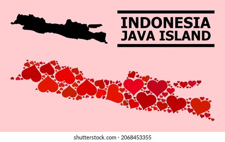Love mosaic and solid map of Java Island on a pink background. Collage map of Java Island is composed with red love hearts. Vector flat illustration for love concept illustrations.