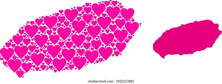 Mosaico de amor y mapa sólido de la isla Jeju. Mapa mosaico de la isla de Jeju diseñado con corazones de San Valentín rosado. Ilustración plana vectorial para ilustraciones de concepto de amor.