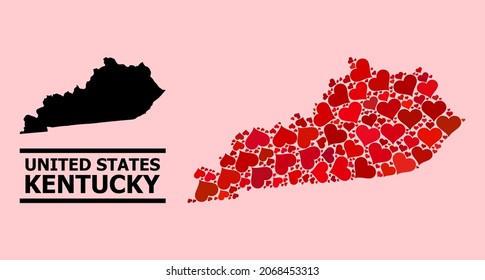 Liebes Mosaik und solide Karte des Kentucky-Zustands auf rosafarbenem Hintergrund. Mosaikkarte des Kentucky-Staates gebildet mit roten lieblichen Herzen. Vektorgrafik für abstrakte Illustrationen der Liebe.