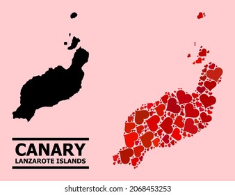 Amar el mosaico y el mapa sólido de las islas de Lanzarote en un fondo rosado. El mapa mosaico de las islas de Lanzarote se forma a partir de corazones rojos valentinos. Ilustración plana vectorial para ilustraciones abstractas de amor.