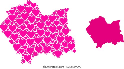 Love mosaic and solid map of Lesser Poland Province. Mosaic map of Lesser Poland Province is formed with pink love hearts. Vector flat illustration for dating concept illustrations.