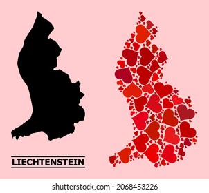 Love mosaic and solid map of Liechtenstein on a pink background. Mosaic map of Liechtenstein composed with red love hearts. Vector flat illustration for dating conceptual illustrations.