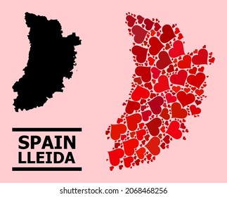 Love mosaic and solid map of Lleida Province on a pink background. Mosaic map of Lleida Province designed with red love hearts. Vector flat illustration for dating concept illustrations.