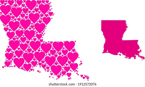 Love mosaic and solid map of Louisiana State. Mosaic map of Louisiana State is formed from pink lovely hearts. Vector flat illustration for love conceptual illustrations.