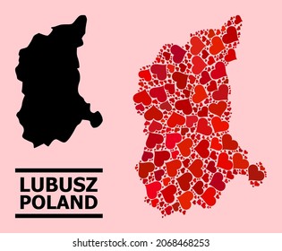 Love mosaic and solid map of Lubusz Province on a pink background. Mosaic map of Lubusz Province is created with red love hearts. Vector flat illustration for dating concept illustrations.