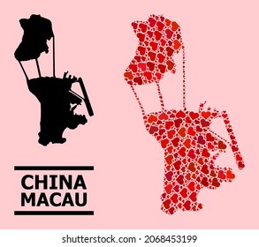 Love mosaic and solid map of Macau on a pink background. Mosaic map of Macau composed from red lovely hearts. Vector flat illustration for love abstract illustrations.