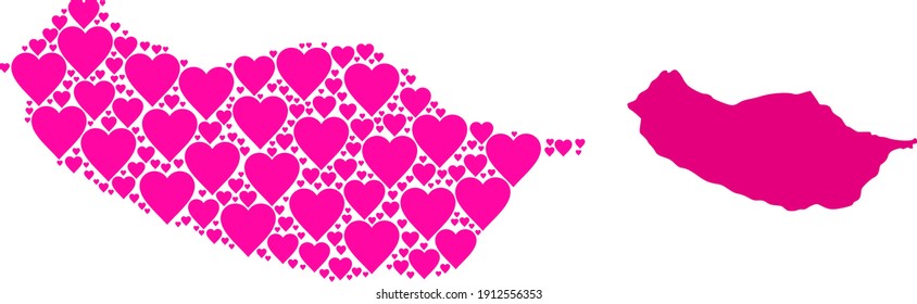 Love mosaic and solid map of Madeira Island. Mosaic map of Madeira Island composed with pink love hearts. Vector flat illustration for marriage concept illustrations.