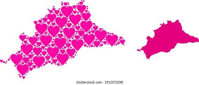 Love mosaic and solid map of Malaga Province. Mosaic map of Malaga Province is formed with pink lovely hearts. Vector flat illustration for love abstract illustrations.