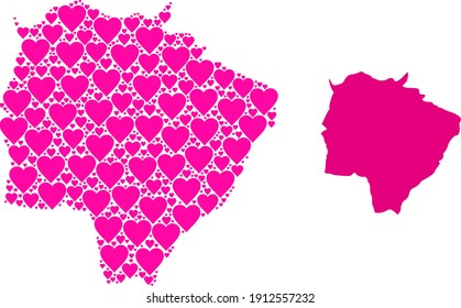 Amar el mosaico y el mapa sólido del estado de Mato Grosso do Sul. El mapa mosaico del estado de Mato Grosso do Sul está compuesto por corazones de amor rosados. Ilustración plana vectorial para ilustraciones conceptuales de citas.