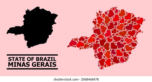 Love mosaic and solid map of Minas Gerais State on a pink background. Mosaic map of Minas Gerais State designed with red valentine hearts.