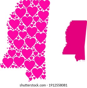 Love mosaic and solid map of Mississippi State. Mosaic map of Mississippi State formed from pink love hearts. Vector flat illustration for love conceptual illustrations.