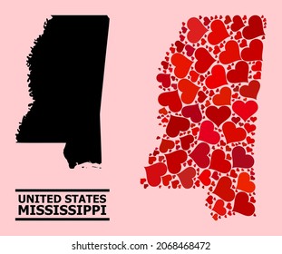 Mosaico de amor y mapa sólido del estado de Misisipi sobre un fondo rosado. Mapa de grupos del estado de Mississippi diseñado con corazones adorables rojos. Ilustración plana vectorial para ilustraciones de concepto de amor.