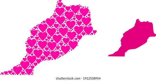 Love mosaic and solid map of Morocco. Mosaic map of Morocco formed with pink hearts. Vector flat illustration for love abstract illustrations.