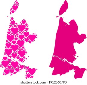 Love mosaic and solid map of North Holland. Mosaic map of North Holland is created from pink love hearts. Vector flat illustration for love abstract illustrations.