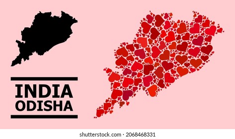 Love mosaic and solid map of Odisha State on a pink background. Mosaic map of Odisha State composed with red love hearts. Vector flat illustration for marriage conceptual illustrations.