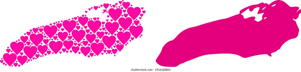 Love mosaic and solid map of Ontario Lake. Mosaic map of Ontario Lake is designed with pink love hearts. Vector flat illustration for dating abstract illustrations.