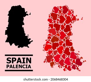 Love mosaic and solid map of Palencia Province on a pink background. Mosaic map of Palencia Province formed with red hearts. Vector flat illustration for love abstract illustrations.