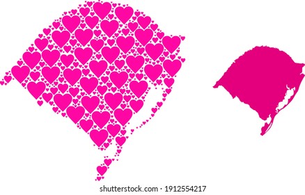 Amar el mosaico y el mapa sólido del estado de Río Grande del Sur. El mapa mosaico del estado de Rio Grande do Sul está compuesto de corazones rosados. Ilustración plana vectorial para ilustraciones conceptuales de citas.