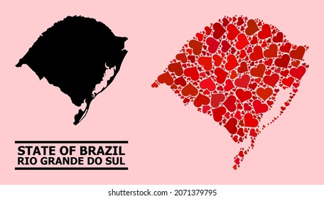 Amar el mosaico y el mapa sólido del estado de Rio Grande do Sul en un fondo rosa. Mapa mosaico del estado de Rio Grande do Sul diseñado con corazones de amor rojos. Ilustración plana vectorial para ilustraciones de concepto de amor.