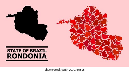 Amar el mosaico y el mapa sólido del estado de Rondonia en un fondo rosado. Mapa mosaico del estado de Rondonia compuesto por corazones adorables rojos. Ilustración plana vectorial para ilustraciones abstractas de amor.