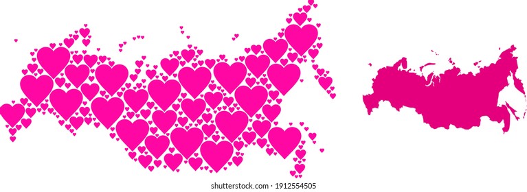 Love mosaic and solid map of Russia. Mosaic map of Russia is created with pink valentine hearts. Vector flat illustration for dating abstract illustrations.