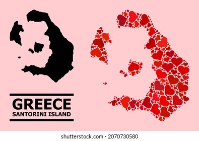 Love mosaic and solid map of Santorini Island on a pink background. Collage map of Santorini Island is created with red love hearts. Vector flat illustration for marriage conceptual illustrations.