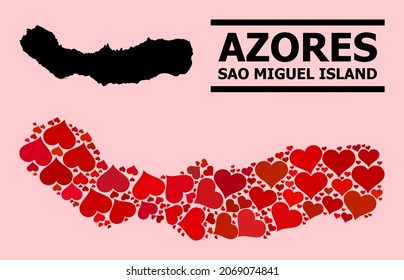 Love mosaic and solid map of Sao Miguel Island on a pink background. Mosaic map of Sao Miguel Island composed with red lovely hearts. Vector flat illustration for dating concept illustrations.