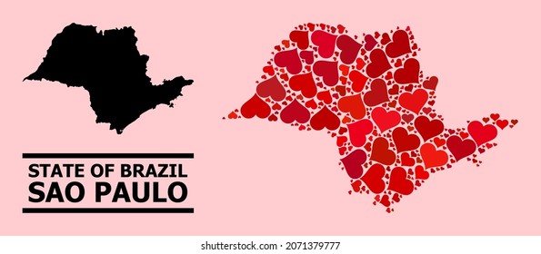 Love mosaic and solid map of Sao Paulo State on a pink background. Collage map of Sao Paulo State is composed with red valentine hearts. Vector flat illustration for love abstract illustrations.