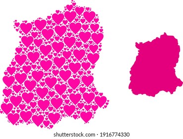 Love mosaic and solid map of Sikkim State. Mosaic map of Sikkim State is composed with pink lovely hearts. Vector flat illustration for marriage conceptual illustrations.
