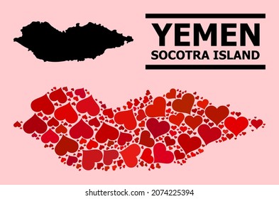Mosaico de amor y mapa sólido de la isla Socotra en un fondo rosado. Mapa mosaico de la isla de Socotra compuesto de corazones rojos adorables. Ilustración plana vectorial para ilustraciones abstractas de amor.