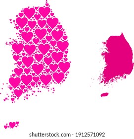 Love mosaic and solid map of South Korea. Collage map of South Korea is formed with pink lovely hearts. Vector flat illustration for love conceptual illustrations.