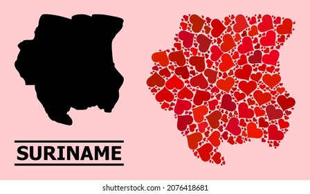 Love mosaic and solid map of Suriname on a pink background. Mosaic map of Suriname created with red love hearts. Vector flat illustration for dating conceptual illustrations.