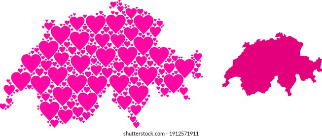 Amar el mosaico y el mapa sólido de Suiza. Mapa mosaico de Suiza compuesto por corazones adorables rosados. Ilustración plana vectorial para ilustraciones de concepto de amor.