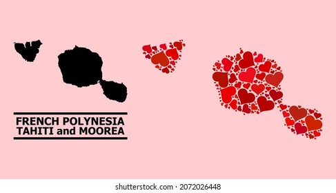 Love mosaic and solid map of Tahiti and Moorea islands on a pink background. Mosaic map of Tahiti and Moorea islands is designed from red hearts.