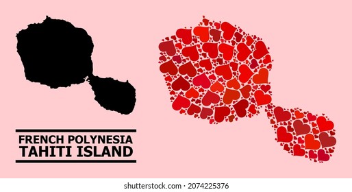 Mosaico de amor y mapa sólido de la isla Tahití sobre un fondo rosa. Mapa de collage de la isla Tahití compuesto por corazones de valentina roja. Ilustración plana vectorial para ilustraciones de concepto de amor.