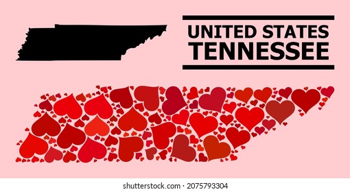 Mosaico de amor y mapa sólido del estado de Tennessee sobre un fondo rosado. Mapa mosaico del estado de Tennessee compuesto por corazones adorables rojos. Ilustración plana vectorial para ilustraciones conceptuales de amor.