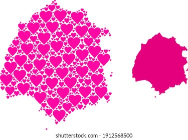 Love mosaic and solid map of Thassos Island. Mosaic map of Thassos Island formed with pink valentine hearts. Vector flat illustration for love abstract illustrations.