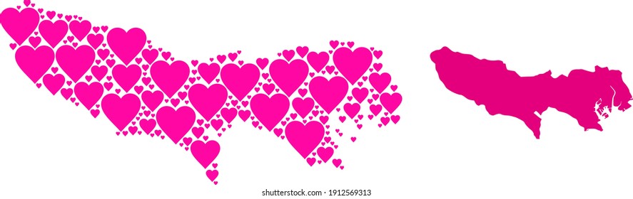 Love mosaic and solid map of Tokyo Prefecture. Mosaic map of Tokyo Prefecture formed with pink lovely hearts. Vector flat illustration for dating conceptual illustrations.