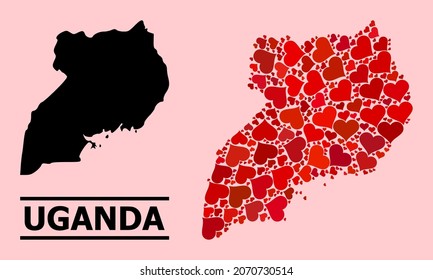 Love mosaic and solid map of Uganda on a pink background. Mosaic map of Uganda is composed with red lovely hearts. Vector flat illustration for dating conceptual illustrations.