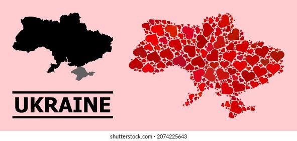 Love mosaic and solid map of Ukraine on a pink background. Mosaic map of Ukraine is designed from red lovely hearts. Vector flat illustration for marriage concept illustrations.