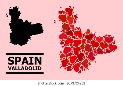 Love mosaic and solid map of Valladolid Province on a pink background. Collage map of Valladolid Province created from red lovely hearts. Vector flat illustration for love concept illustrations.