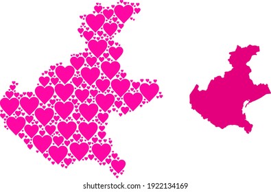 Love mosaic and solid map of Veneto region. Collage map of Veneto region is formed with pink valentine hearts. Vector flat illustration for marriage abstract illustrations.