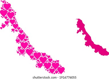 Mosaico de amor y mapa sólido del estado de Veracruz. El mapa mosaico del estado de Veracruz está diseñado con corazones de amor rosados. Ilustración plana vectorial para ilustraciones de concepto de amor.